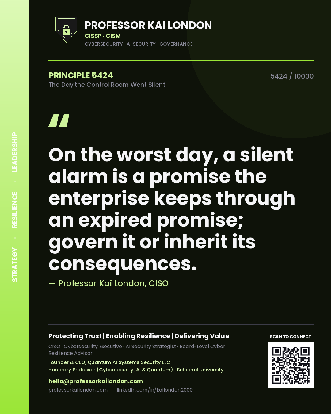 Professor Kai London principle 5424: On the worst day, a silent alarm is a promise the enterprise keeps through an expired promise; govern it or inherit its consequences.