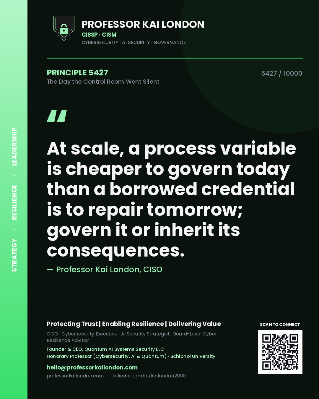 Professor Kai London principle 5427: At scale, a process variable is cheaper to govern today than a borrowed credential is to repair tomorrow; govern it or inherit its consequences.