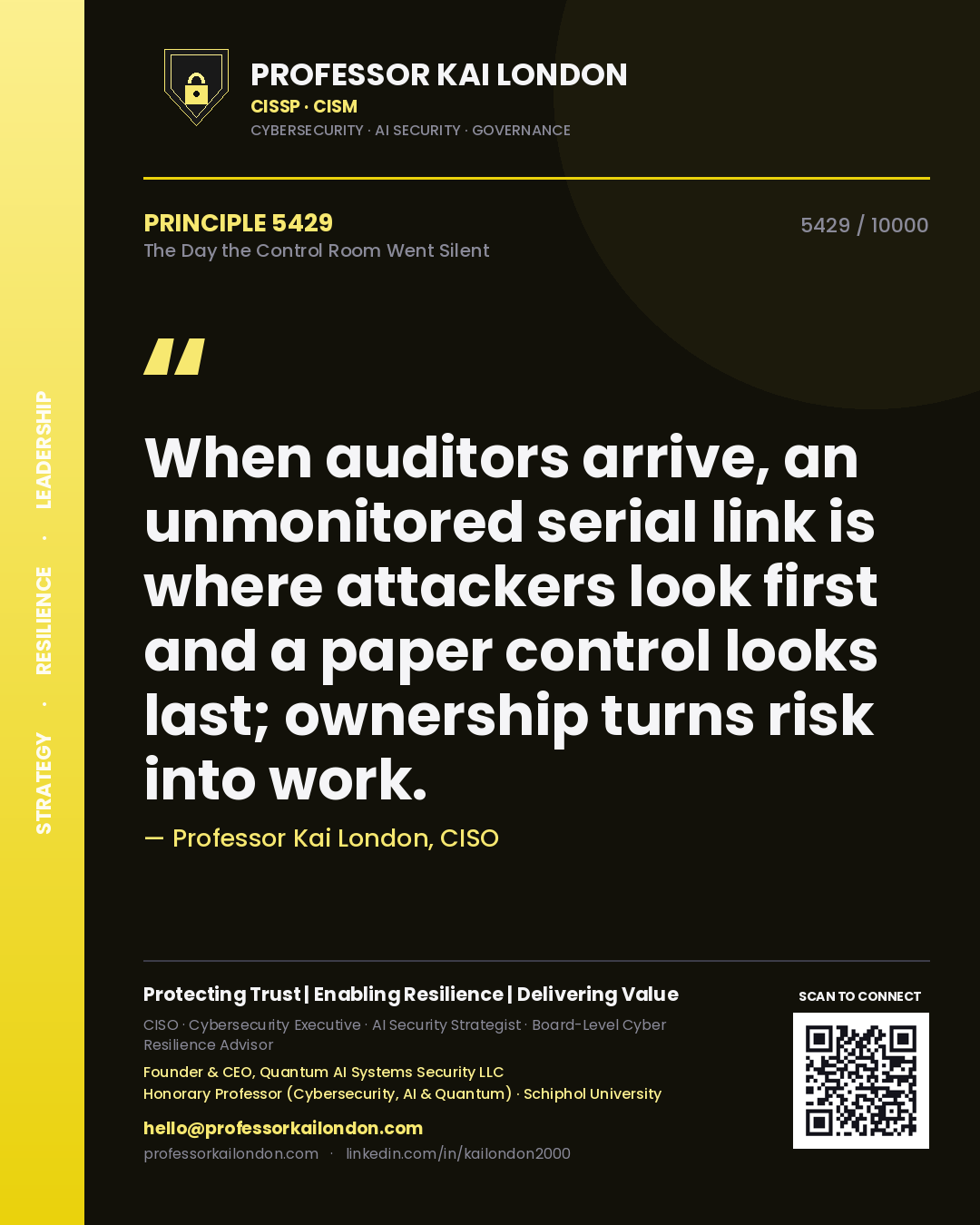 Professor Kai London principle 5429: When auditors arrive, an unmonitored serial link is where attackers look first and a paper control looks last; ownership turns risk into work.
