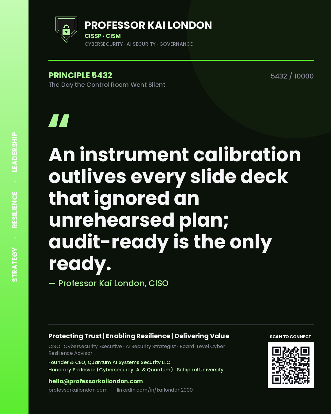 Quote card by Professor Kai London reading 'An instrument calibration outlives every slide deck that ignored an unrehearsed plan; audit-ready is the only ready.'. From the book The Day the Control Room Went Silent.
