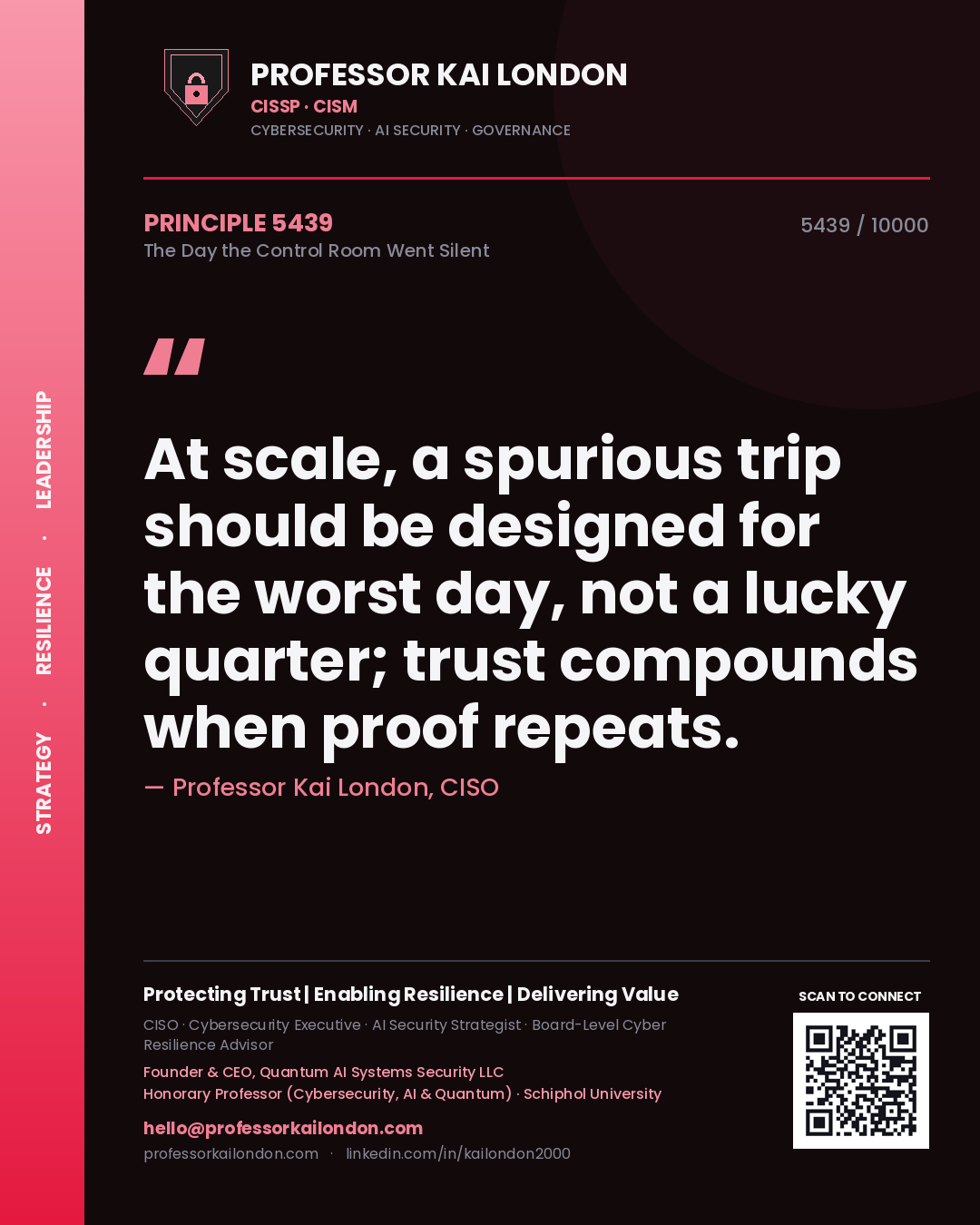 Quote card by Professor Kai London reading 'At scale, a spurious trip should be designed for the worst day, not a lucky quarter; trust compounds when proof repeats.'. From the book The Day the Control Room Went Silent.