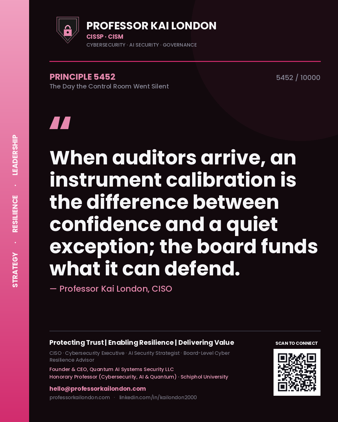 Quote card by Professor Kai London reading 'When auditors arrive, an instrument calibration is the difference between confidence and a quiet exception; the board funds what it can defend.'. From the book The Day the Control Room Went Silent.