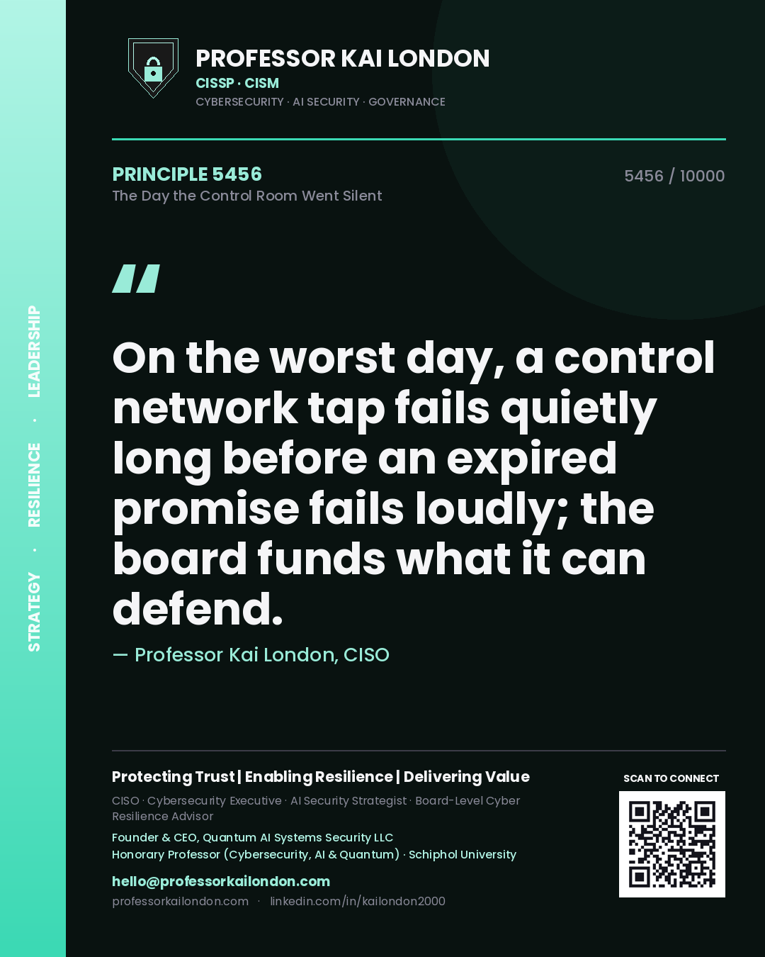 Professor Kai London principle 5456: On the worst day, a control network tap fails quietly long before an expired promise fails loudly; the board funds what it can defend.