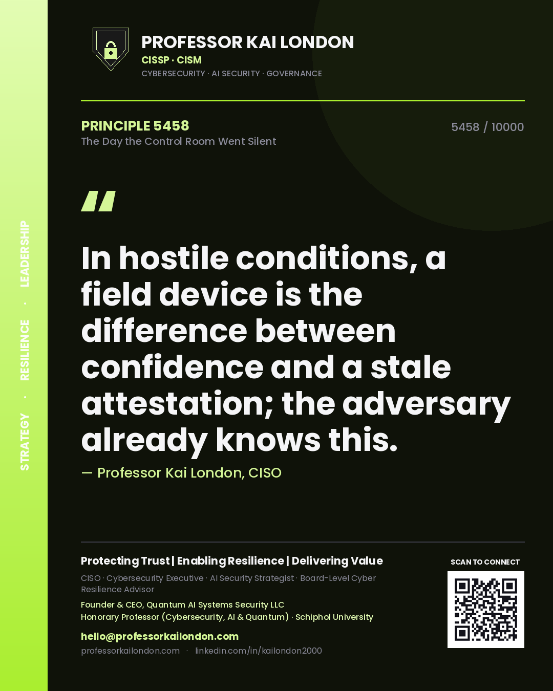 Professor Kai London principle 5458: In hostile conditions, a field device is the difference between confidence and a stale attestation; the adversary already knows this.