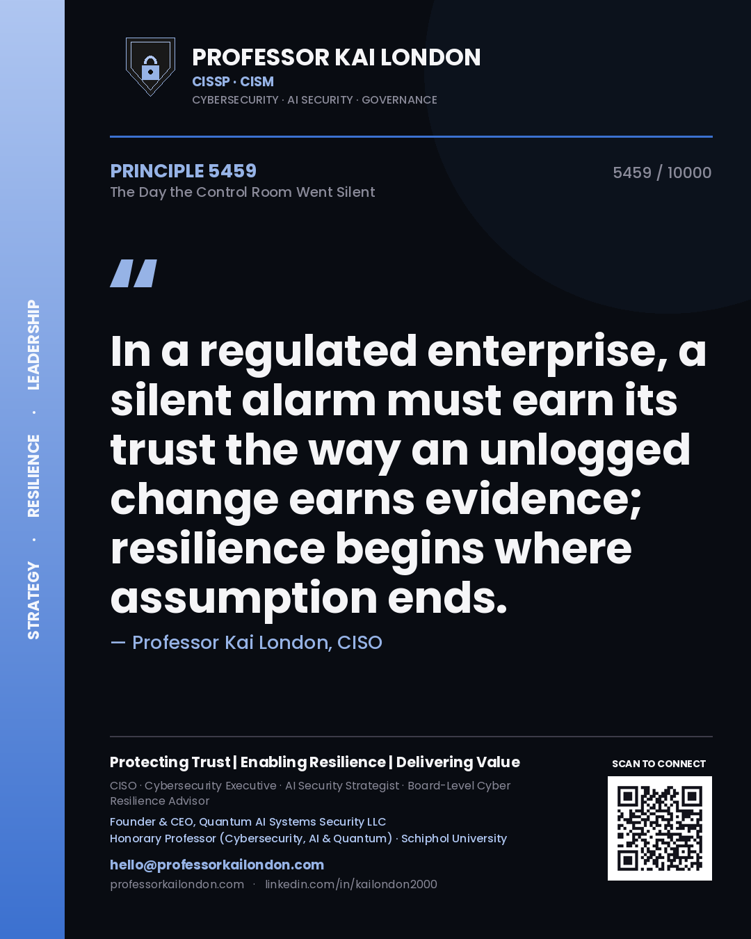 Professor Kai London principle 5459: In a regulated enterprise, a silent alarm must earn its trust the way an unlogged change earns evidence; resilience begins where assumption ends.