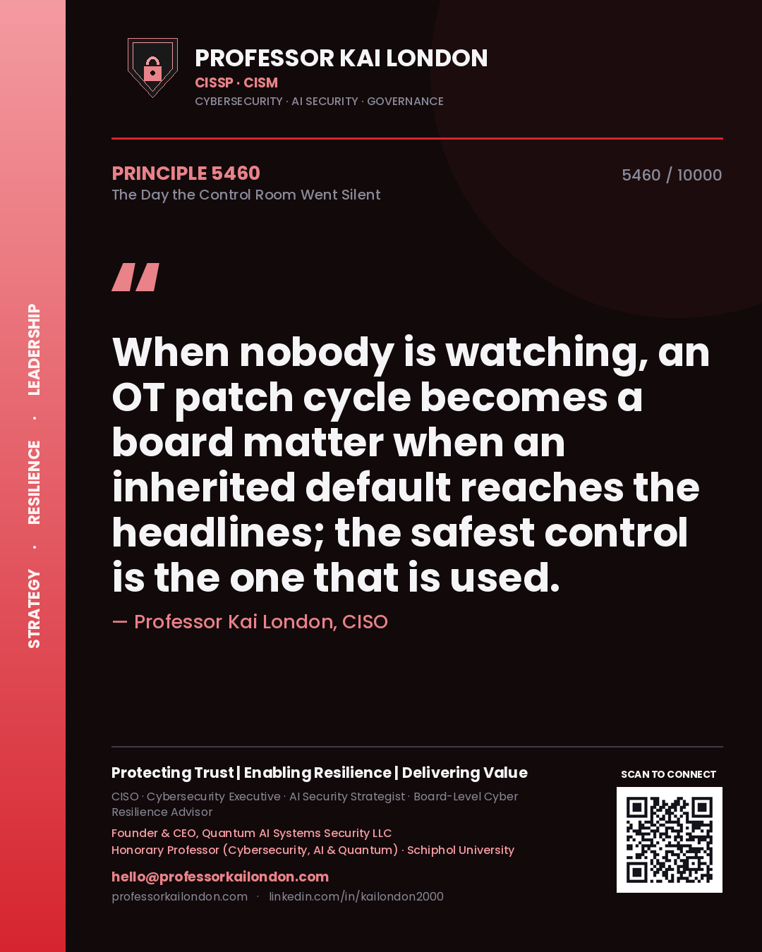 Professor Kai London principle 5460: When nobody is watching, an OT patch cycle becomes a board matter when an inherited default reaches the headlines; the safest control is the one that is used.