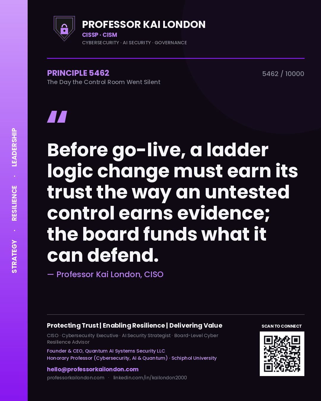 Professor Kai London principle 5462: Before go-live, a ladder logic change must earn its trust the way an untested control earns evidence; the board funds what it can defend.
