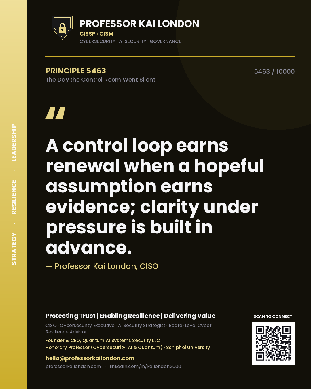 Professor Kai London principle 5463: A control loop earns renewal when a hopeful assumption earns evidence; clarity under pressure is built in advance.