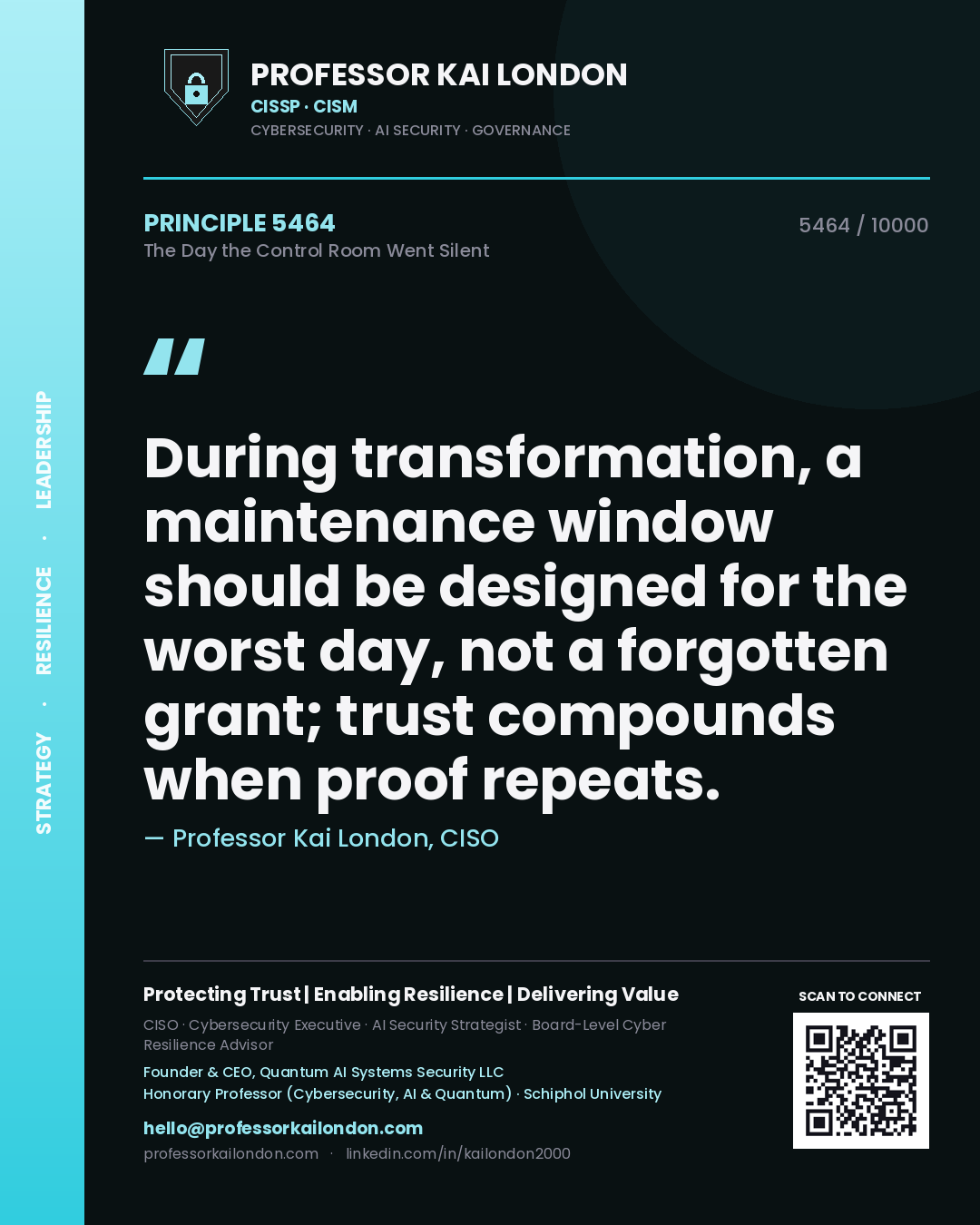 Professor Kai London principle 5464: During transformation, a maintenance window should be designed for the worst day, not a forgotten grant; trust compounds when proof repeats.