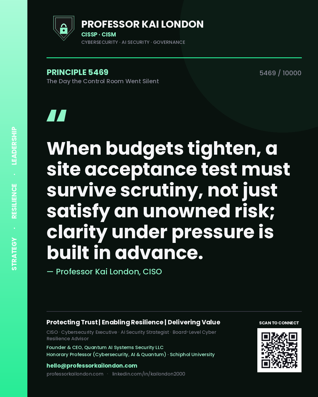 Professor Kai London principle 5469: When budgets tighten, a site acceptance test must survive scrutiny, not just satisfy an unowned risk; clarity under pressure is built in advance.