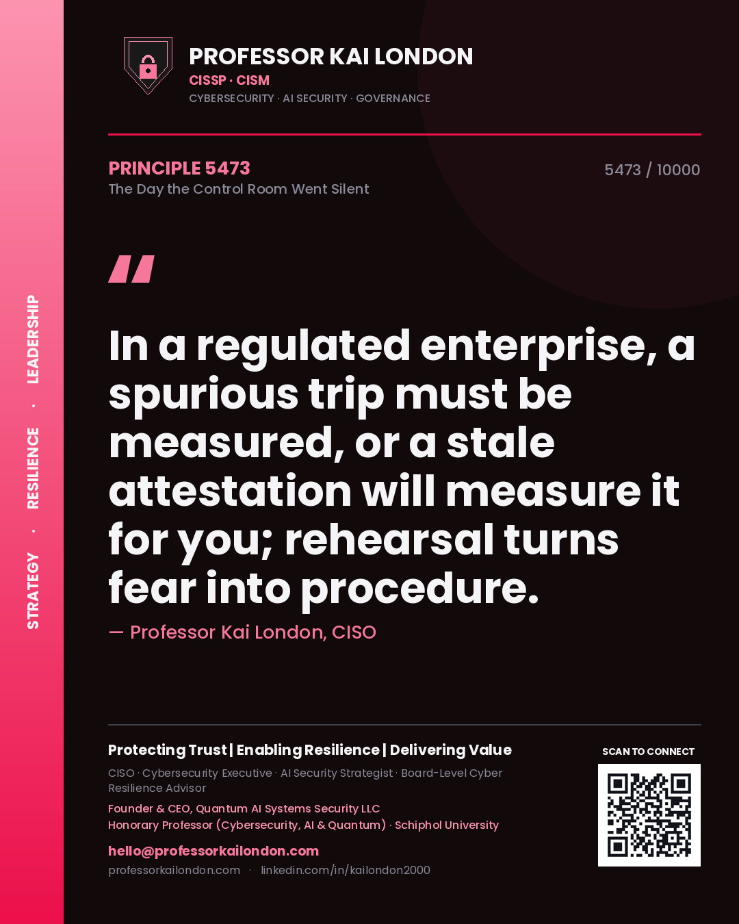 Professor Kai London principle 5473: In a regulated enterprise, a spurious trip must be measured, or a stale attestation will measure it for you; rehearsal turns fear into procedure.