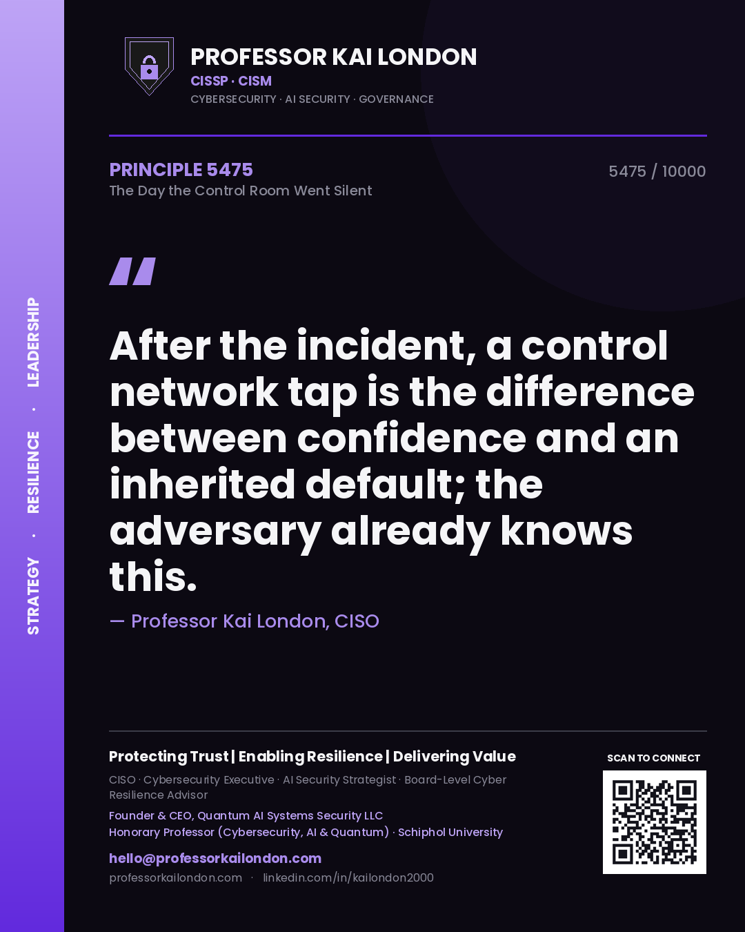 Quote card by Professor Kai London reading 'After the incident, a control network tap is the difference between confidence and an inherited default; the adversary already knows this.'. From the book The Day the Control Room Went Silent.