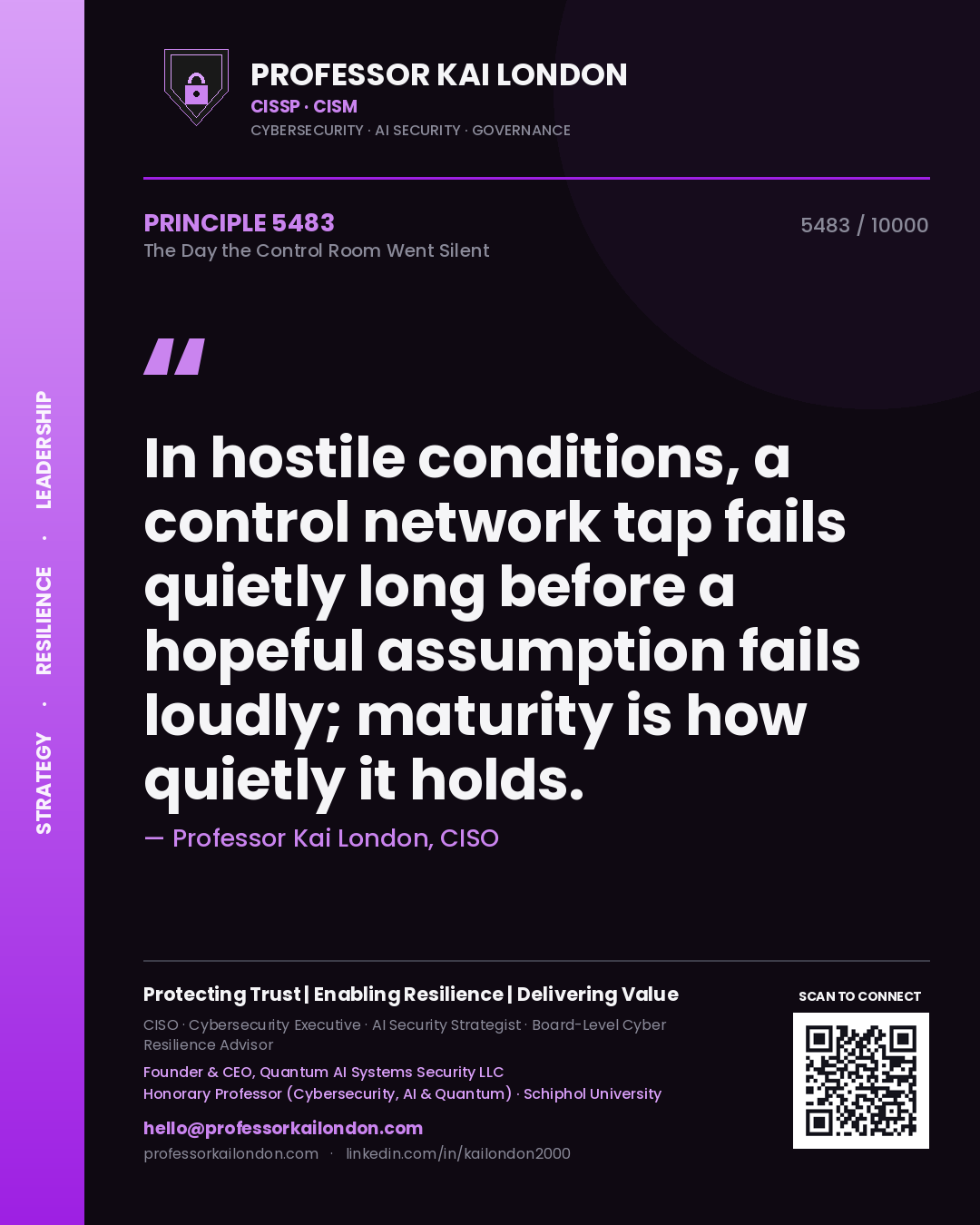 Professor Kai London principle 5483: In hostile conditions, a control network tap fails quietly long before a hopeful assumption fails loudly; maturity is how quietly it holds.
