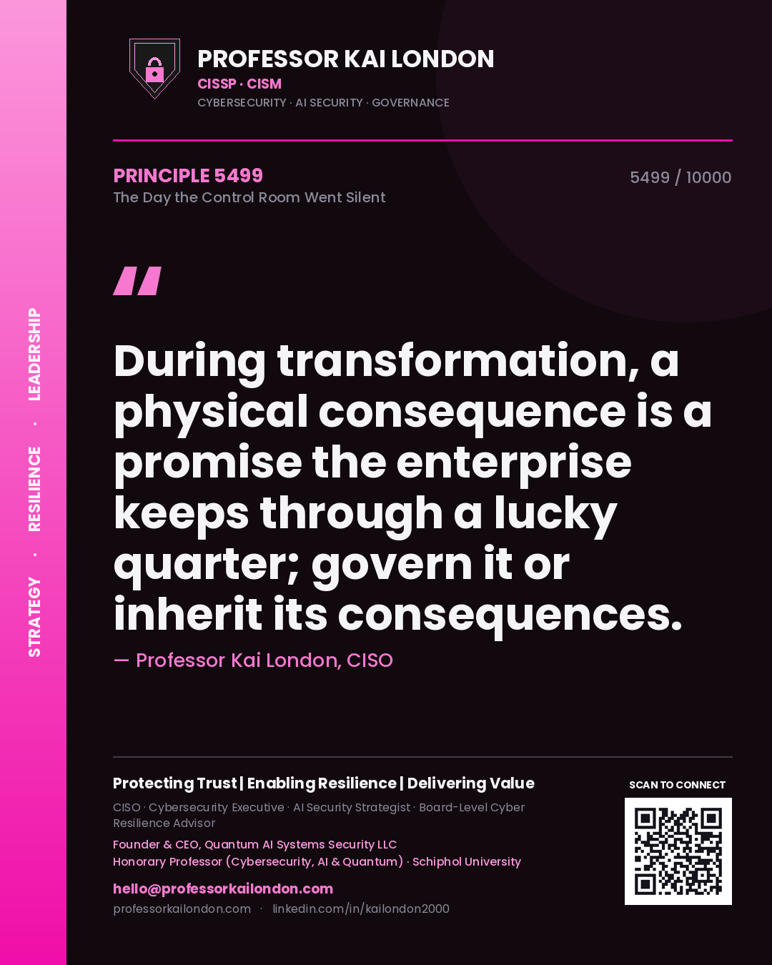 Quote card by Professor Kai London reading 'During transformation, a physical consequence is a promise the enterprise keeps through a lucky quarter; govern it or inherit its consequences.'. From the book The Day the Control Room Went Silent.