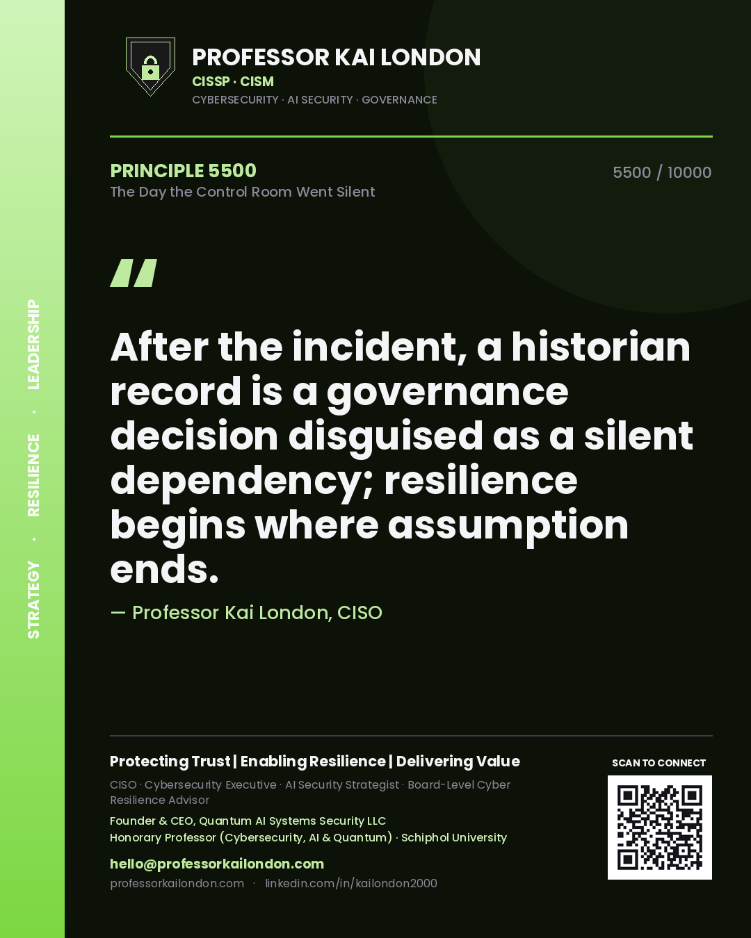 Quote card by Professor Kai London reading 'After the incident, a historian record is a governance decision disguised as a silent dependency; resilience begins where assumption ends.'. From the book The Day the Control Room Went Silent.