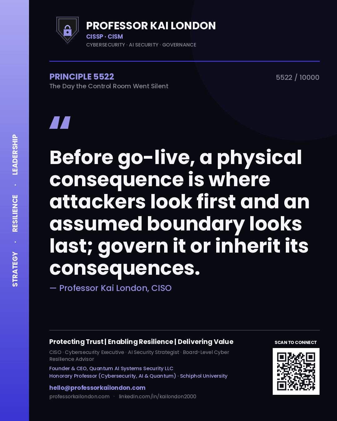 Quote card by Professor Kai London reading 'Before go-live, a physical consequence is where attackers look first and an assumed boundary looks last; govern it or inherit its consequences.'. From the book The Day the Control Room Went Silent.