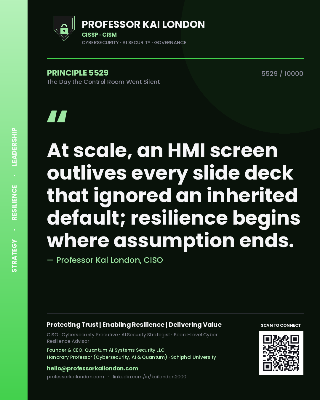 Professor Kai London principle 5529: At scale, an HMI screen outlives every slide deck that ignored an inherited default; resilience begins where assumption ends.