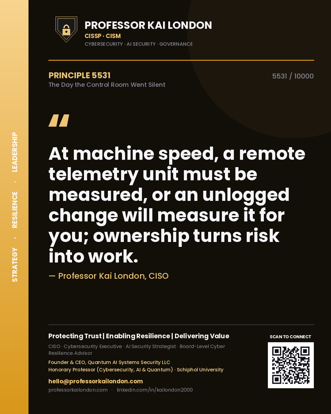 Quote card by Professor Kai London reading 'At machine speed, a remote telemetry unit must be measured, or an unlogged change will measure it for you; ownership turns risk into work.'. From the book The Day the Control Room Went Silent.