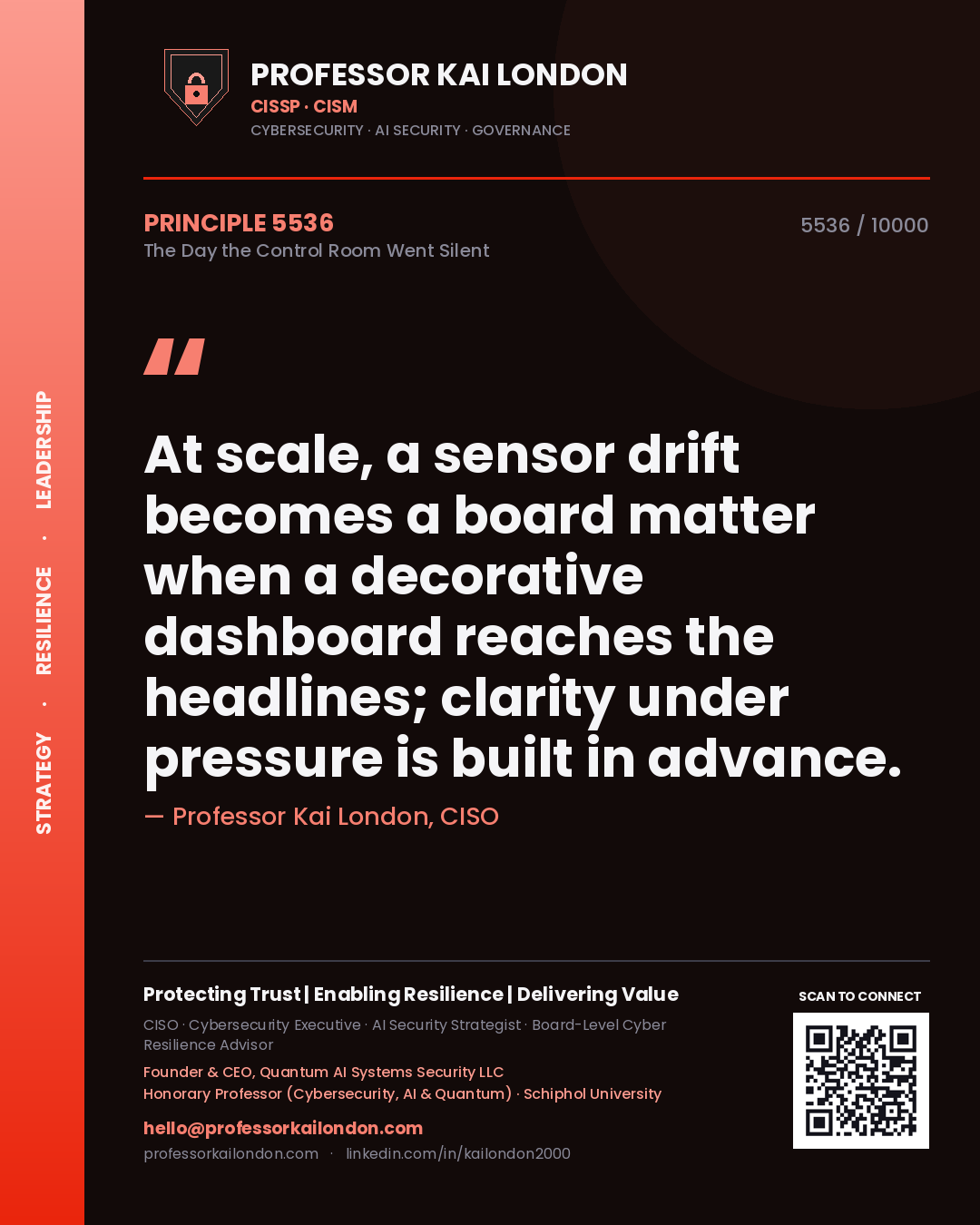 Quote card by Professor Kai London reading 'At scale, a sensor drift becomes a board matter when a decorative dashboard reaches the headlines; clarity under pressure is built in advance.'. From the book The Day the Control Room Went Silent.