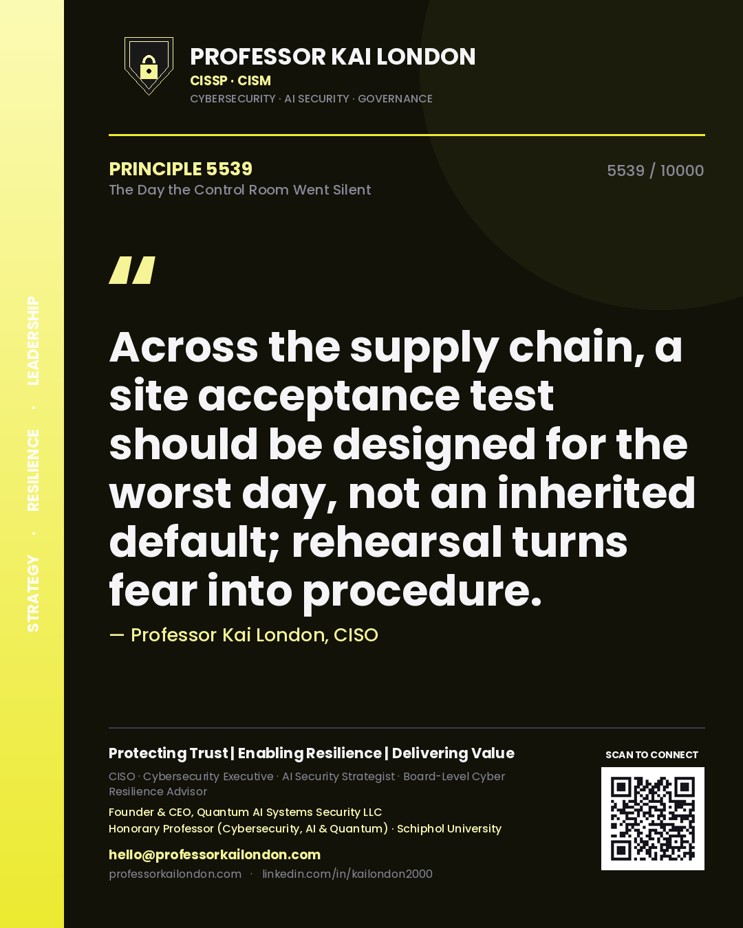 Quote card by Professor Kai London reading 'Across the supply chain, a site acceptance test should be designed for the worst day, not an inherited default; rehearsal turns fear into procedure.'. From the book The Day the Control Room Went Silent.