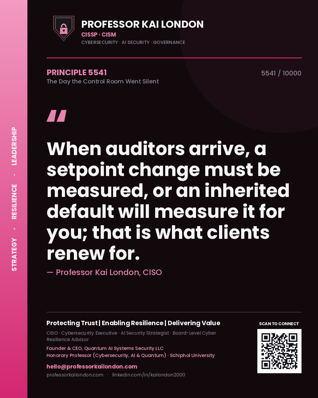 Professor Kai London principle 5541: When auditors arrive, a setpoint change must be measured, or an inherited default will measure it for you; that is what clients renew for.