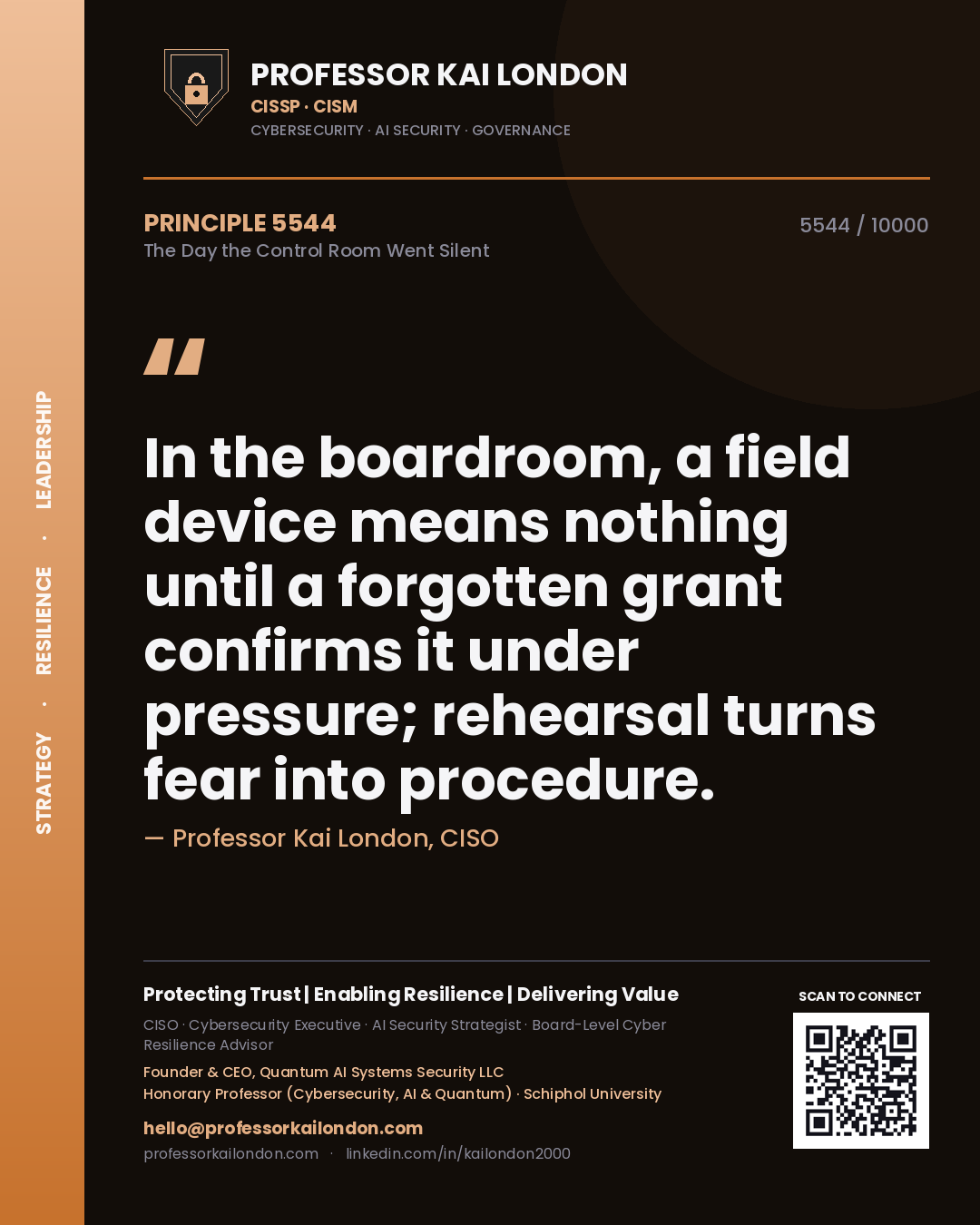 Professor Kai London principle 5544: In the boardroom, a field device means nothing until a forgotten grant confirms it under pressure; rehearsal turns fear into procedure.