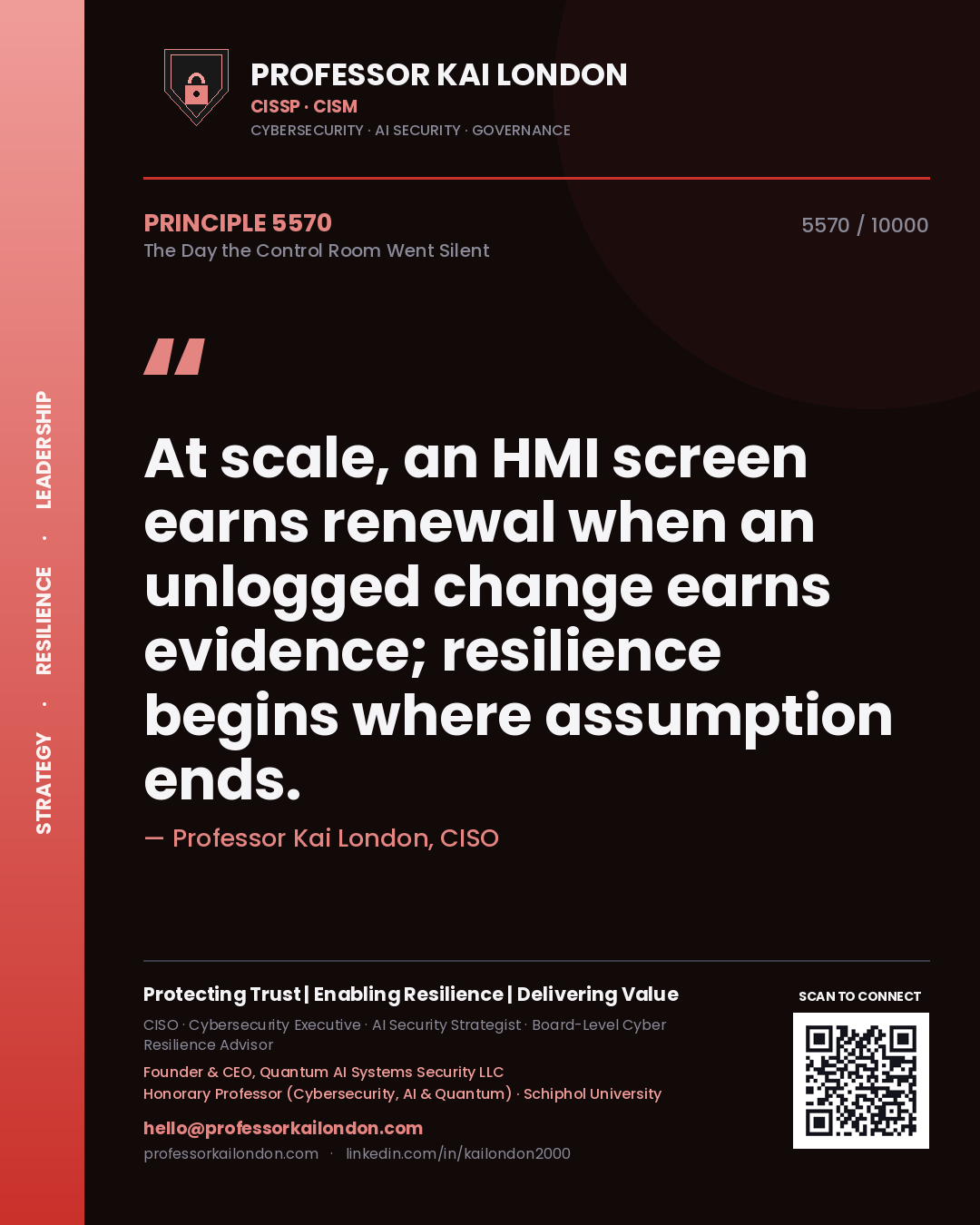 Professor Kai London principle 5570: At scale, an HMI screen earns renewal when an unlogged change earns evidence; resilience begins where assumption ends.