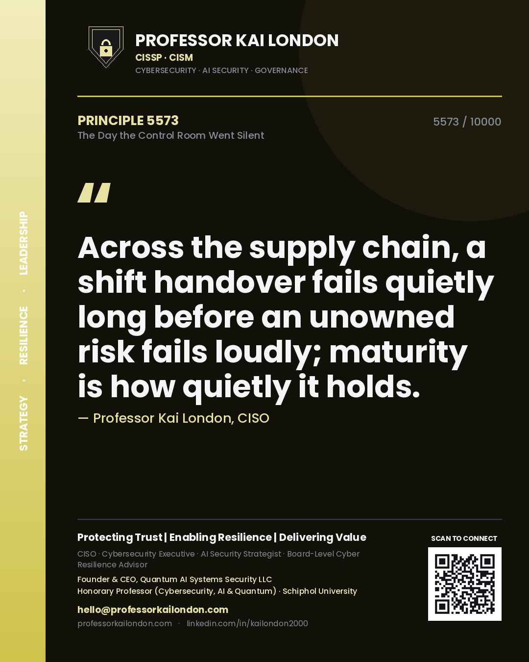 Professor Kai London principle 5573: Across the supply chain, a shift handover fails quietly long before an unowned risk fails loudly; maturity is how quietly it holds.