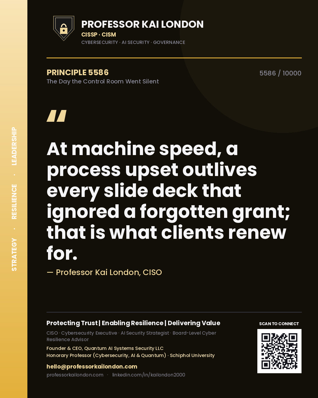 Professor Kai London principle 5586: At machine speed, a process upset outlives every slide deck that ignored a forgotten grant; that is what clients renew for.