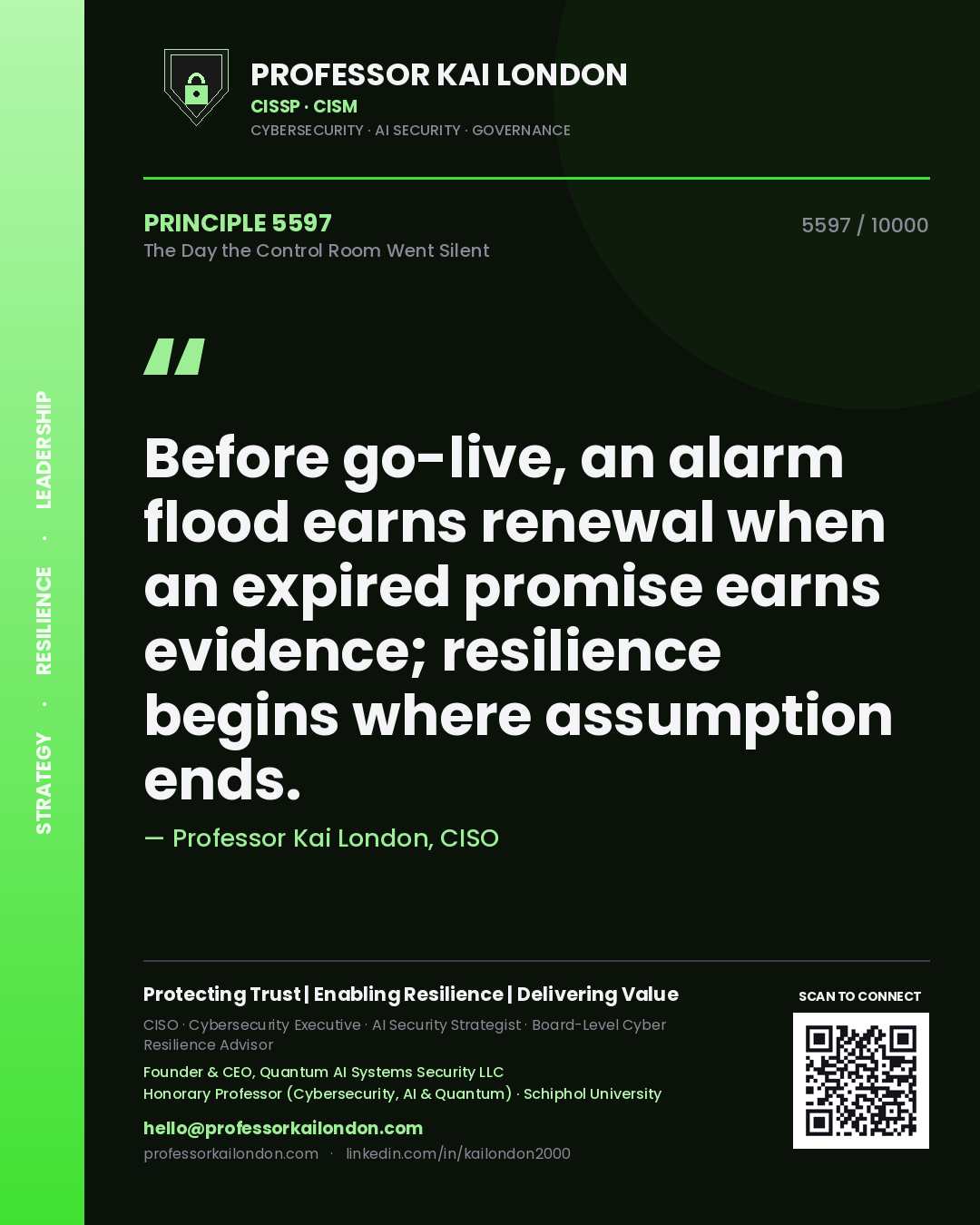 Quote card by Professor Kai London reading 'Before go-live, an alarm flood earns renewal when an expired promise earns evidence; resilience begins where assumption ends.'. From the book The Day the Control Room Went Silent.
