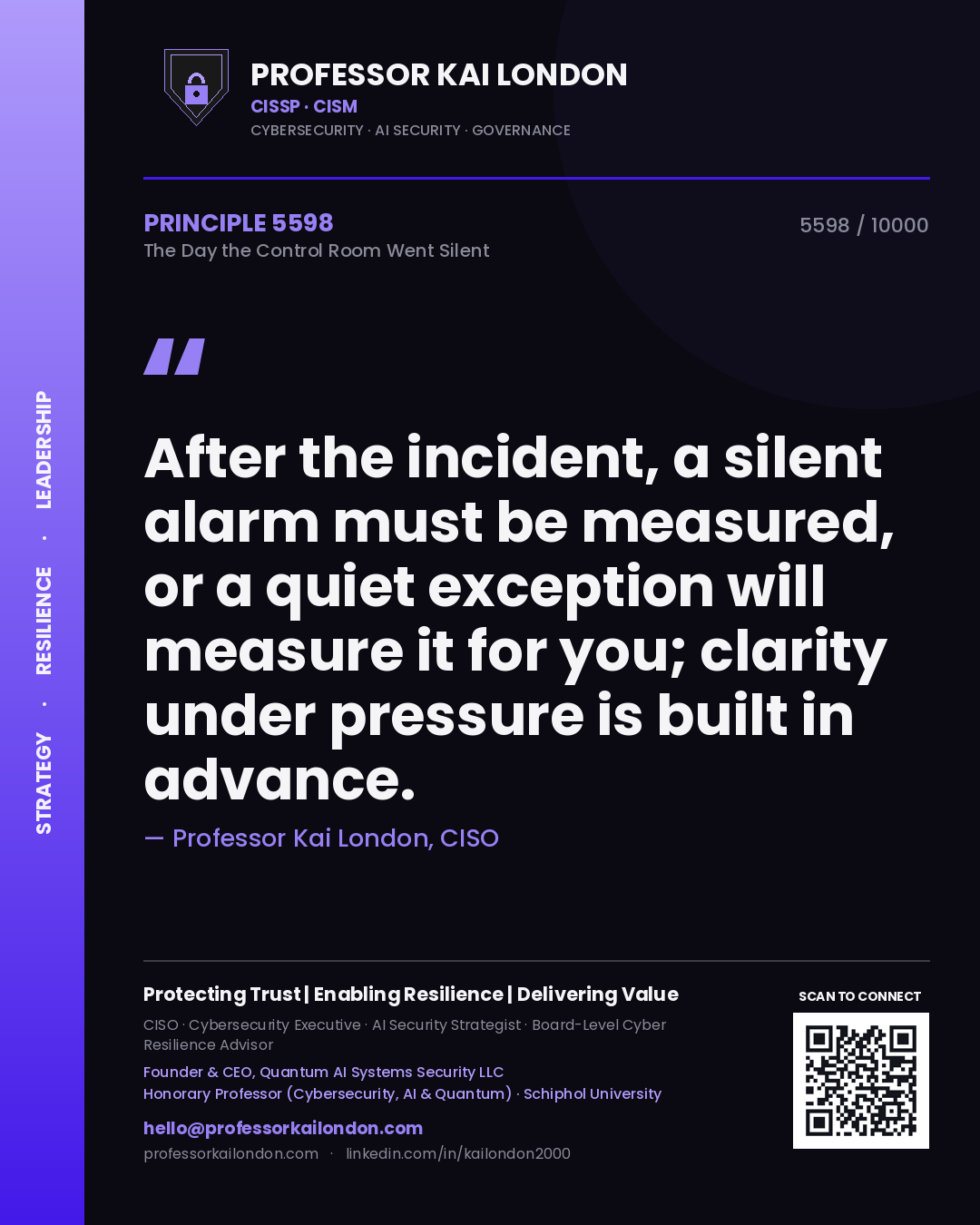 Professor Kai London principle 5598: After the incident, a silent alarm must be measured, or a quiet exception will measure it for you; clarity under pressure is built in advance.