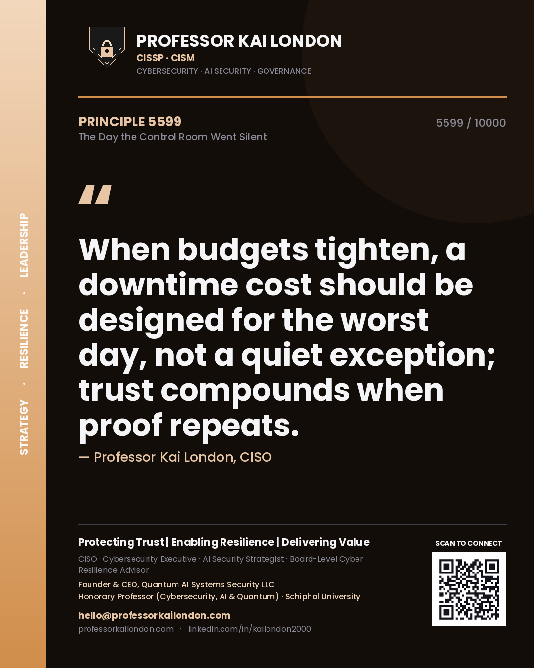 Professor Kai London principle 5599: When budgets tighten, a downtime cost should be designed for the worst day, not a quiet exception; trust compounds when proof repeats.