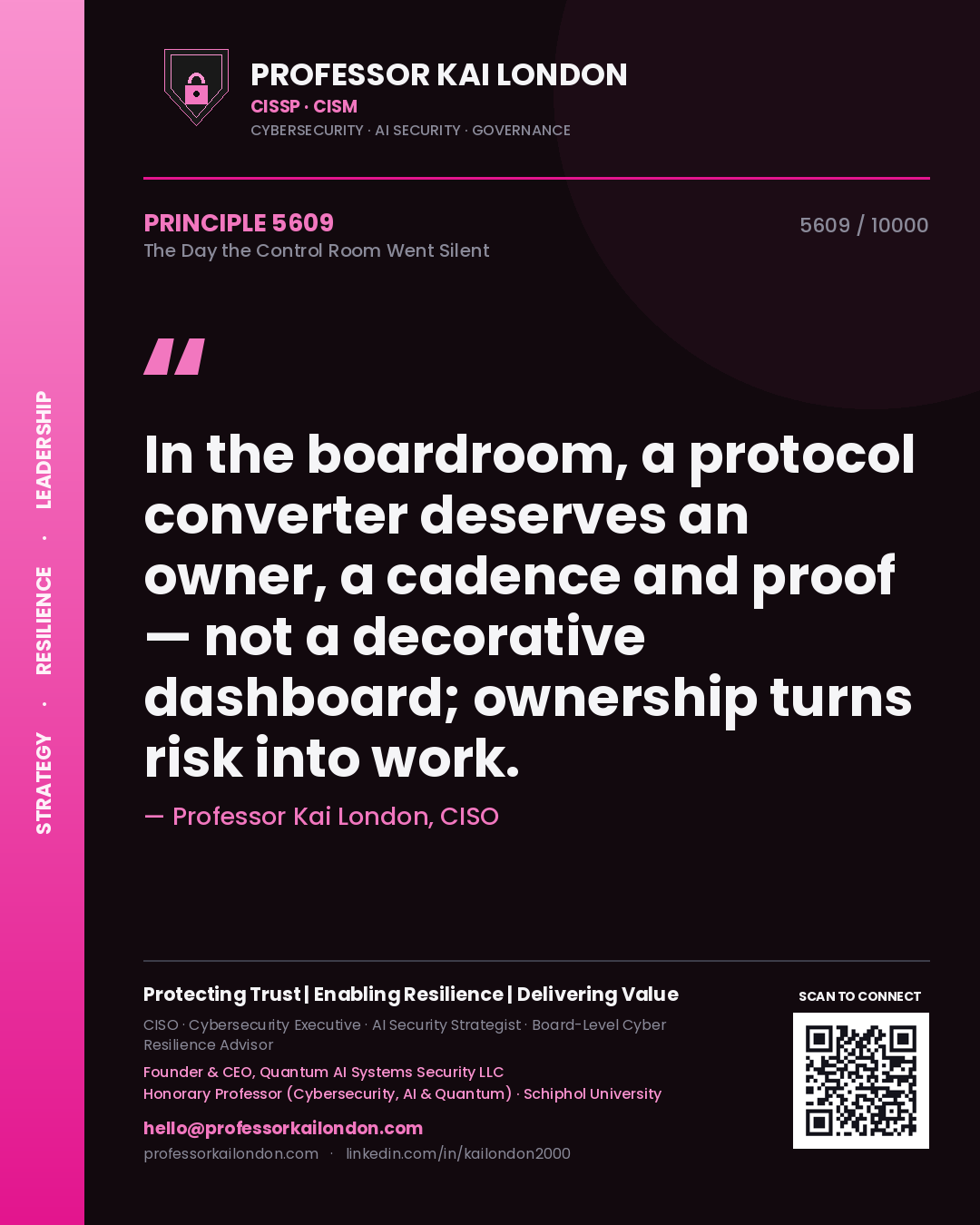 Quote card by Professor Kai London reading 'In the boardroom, a protocol converter deserves an owner, a cadence and proof — not a decorative dashboard; ownership turns risk into work.'. From the book The Day the Control Room Went Silent.