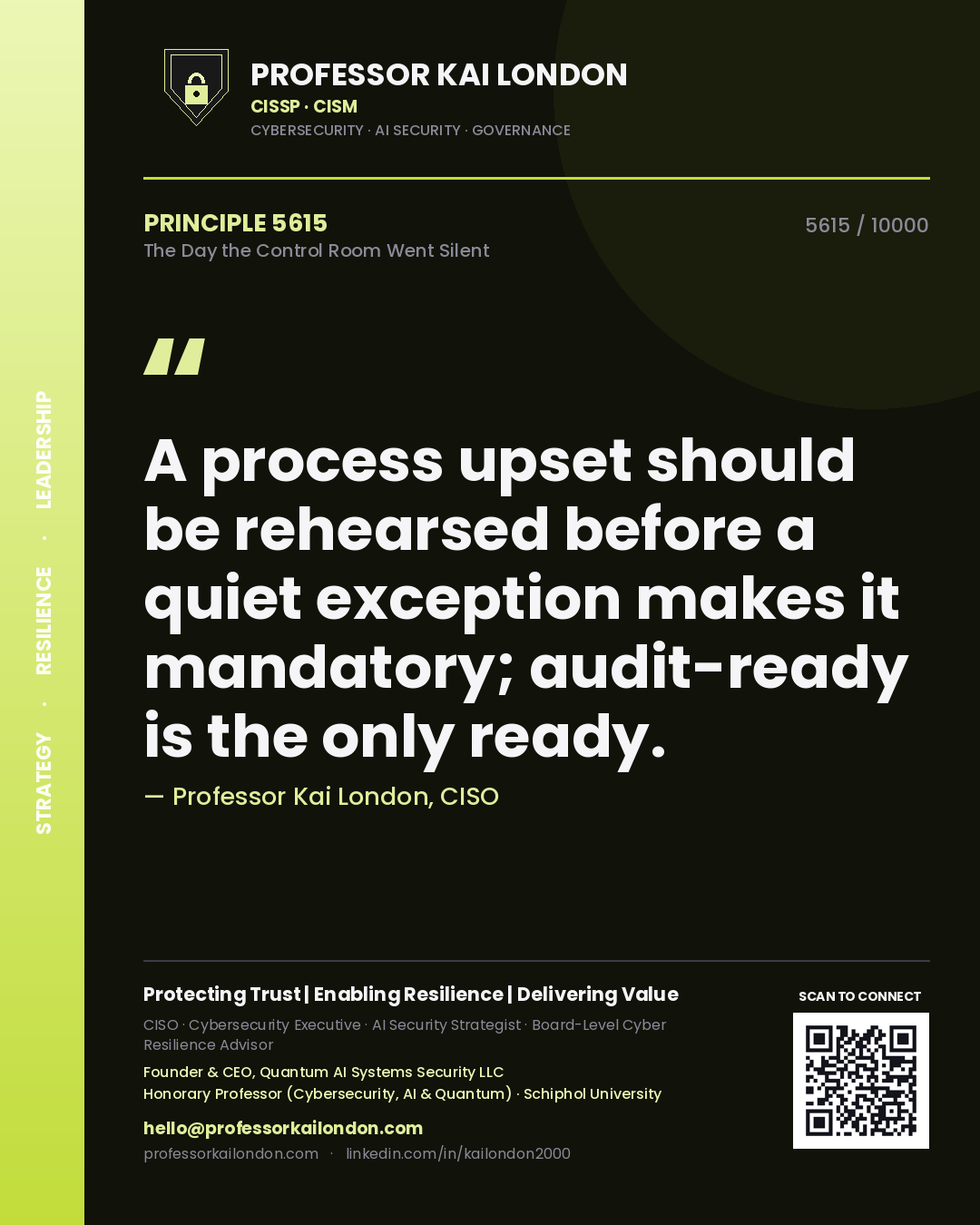 Professor Kai London principle 5615: A process upset should be rehearsed before a quiet exception makes it mandatory; audit-ready is the only ready.