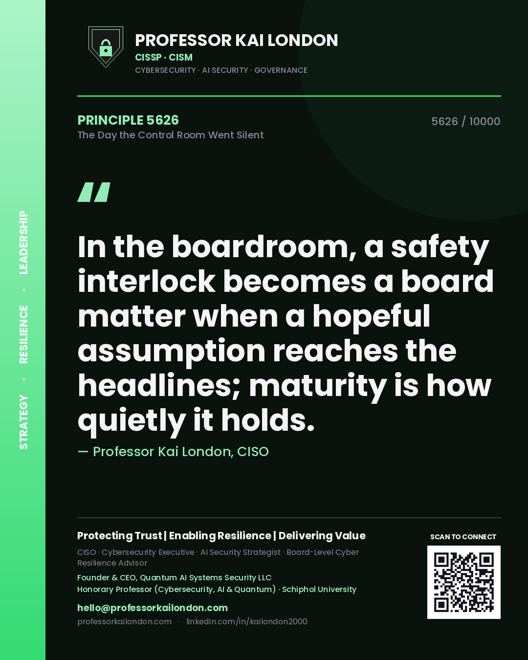 Quote card by Professor Kai London reading 'In the boardroom, a safety interlock becomes a board matter when a hopeful assumption reaches the headlines; maturity is how quietly it holds.'. From the book The Day the Control Room Went Silent.