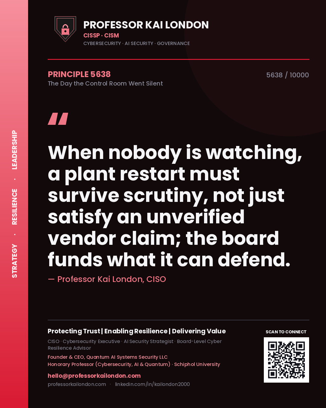Quote card by Professor Kai London reading 'When nobody is watching, a plant restart must survive scrutiny, not just satisfy an unverified vendor claim; the board funds what it can defend.'. From the book The Day the Control Room Went Silent.