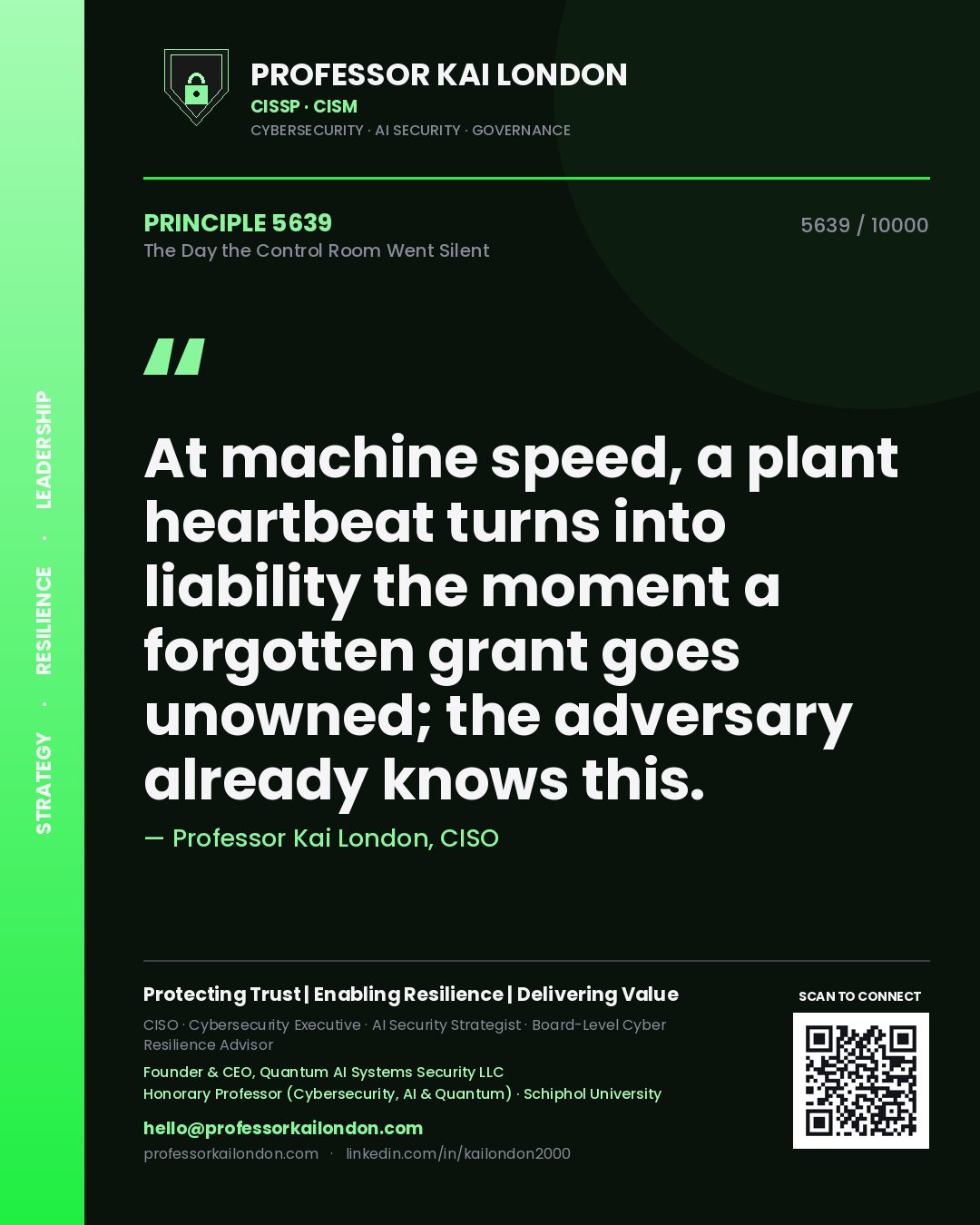 Professor Kai London principle 5639: At machine speed, a plant heartbeat turns into liability the moment a forgotten grant goes unowned; the adversary already knows this.
