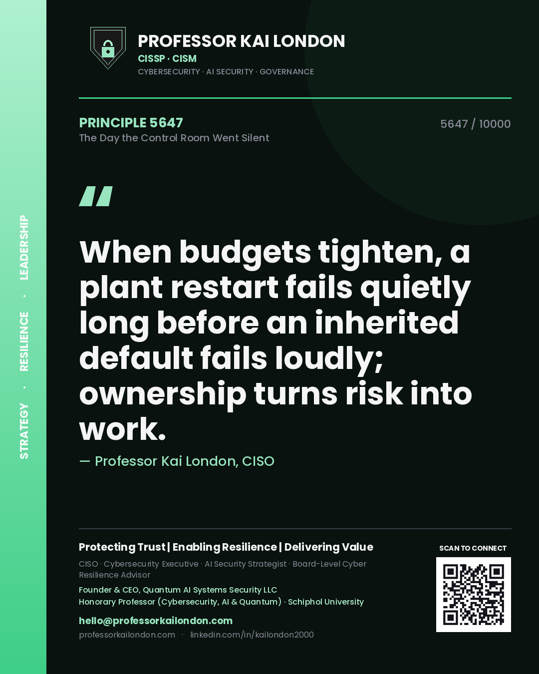 Quote card by Professor Kai London reading 'When budgets tighten, a plant restart fails quietly long before an inherited default fails loudly; ownership turns risk into work.'. From the book The Day the Control Room Went Silent.