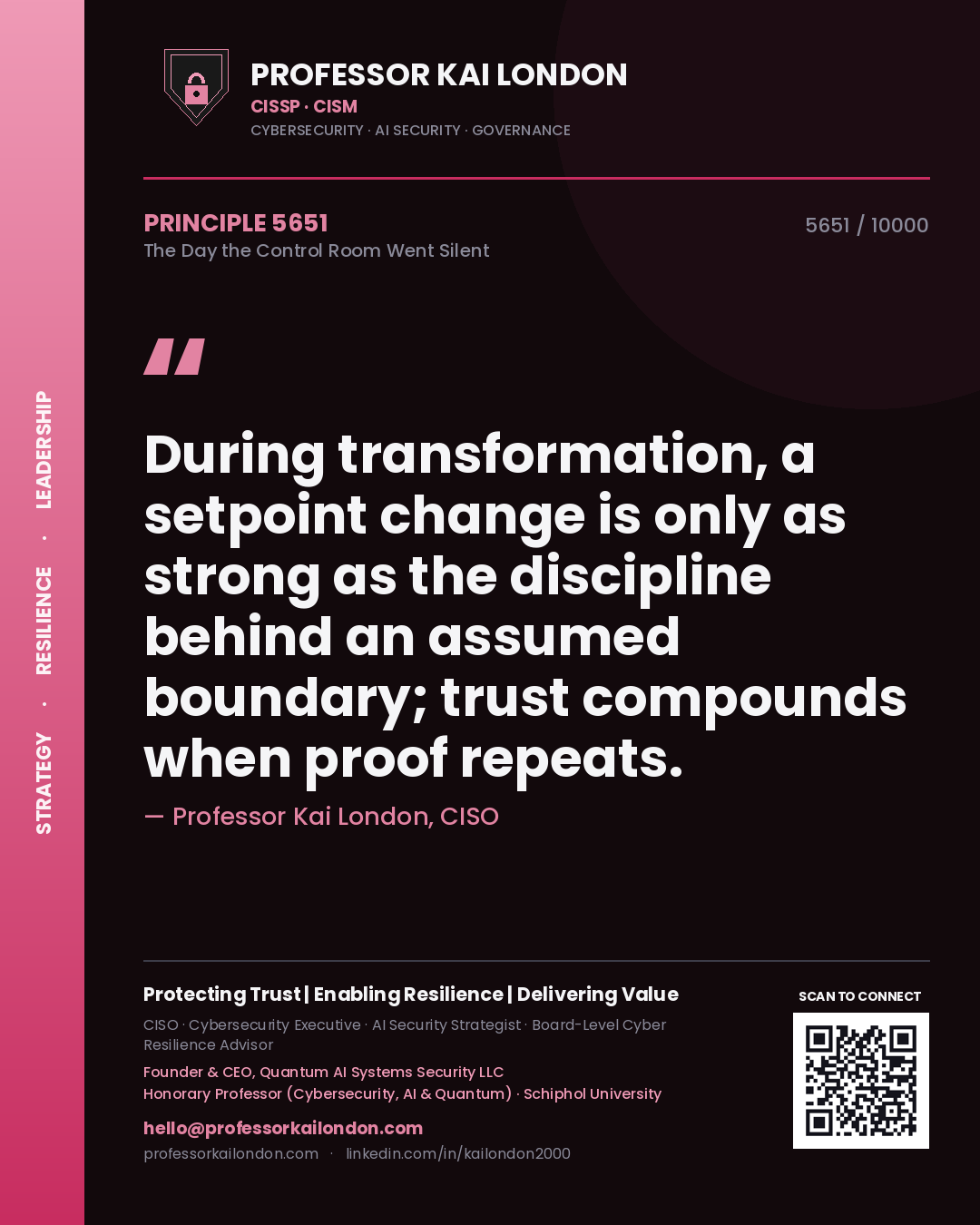 Professor Kai London principle 5651: During transformation, a setpoint change is only as strong as the discipline behind an assumed boundary; trust compounds when proof repeats.