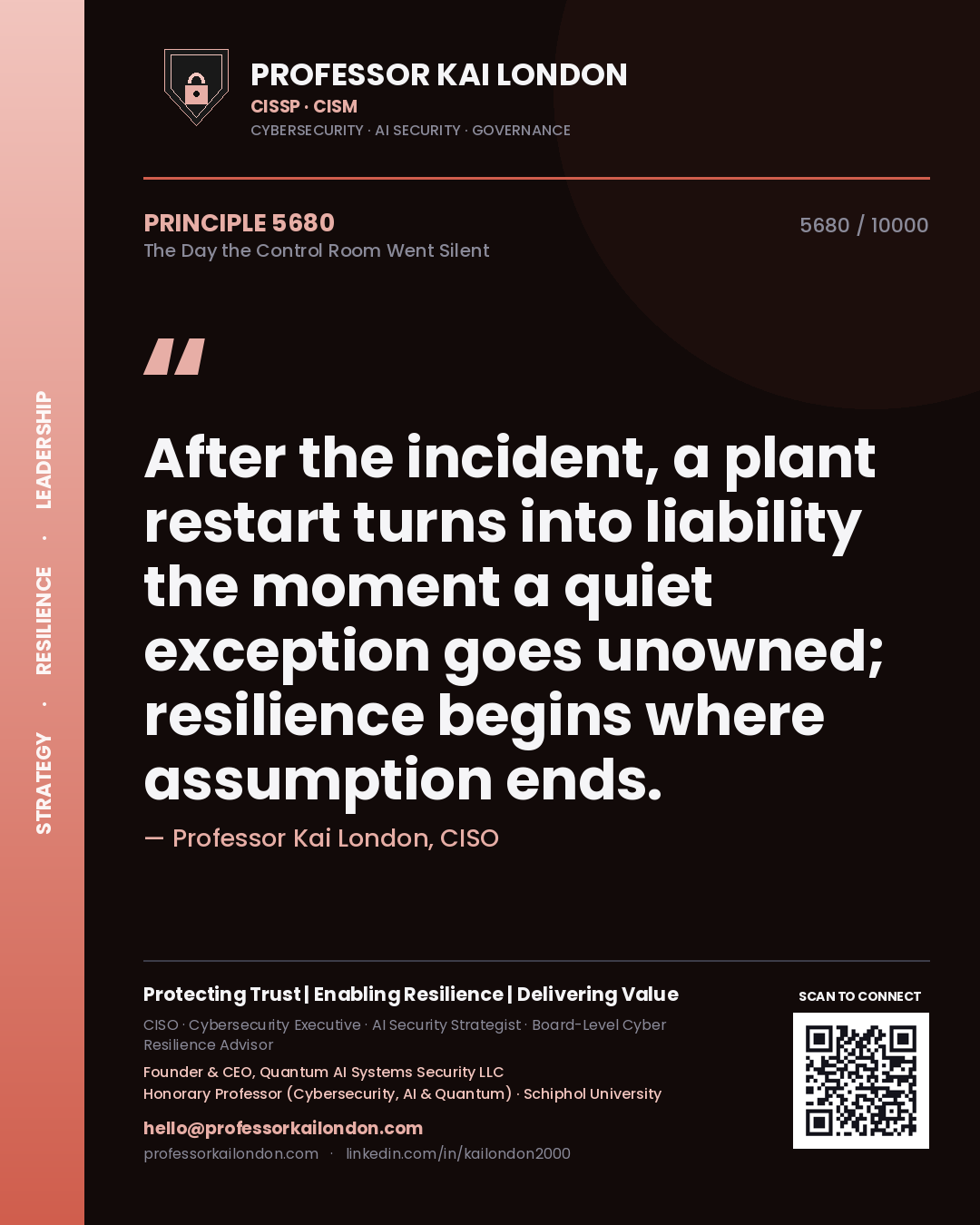 Quote card by Professor Kai London reading 'After the incident, a plant restart turns into liability the moment a quiet exception goes unowned; resilience begins where assumption ends.'. From the book The Day the Control Room Went Silent.