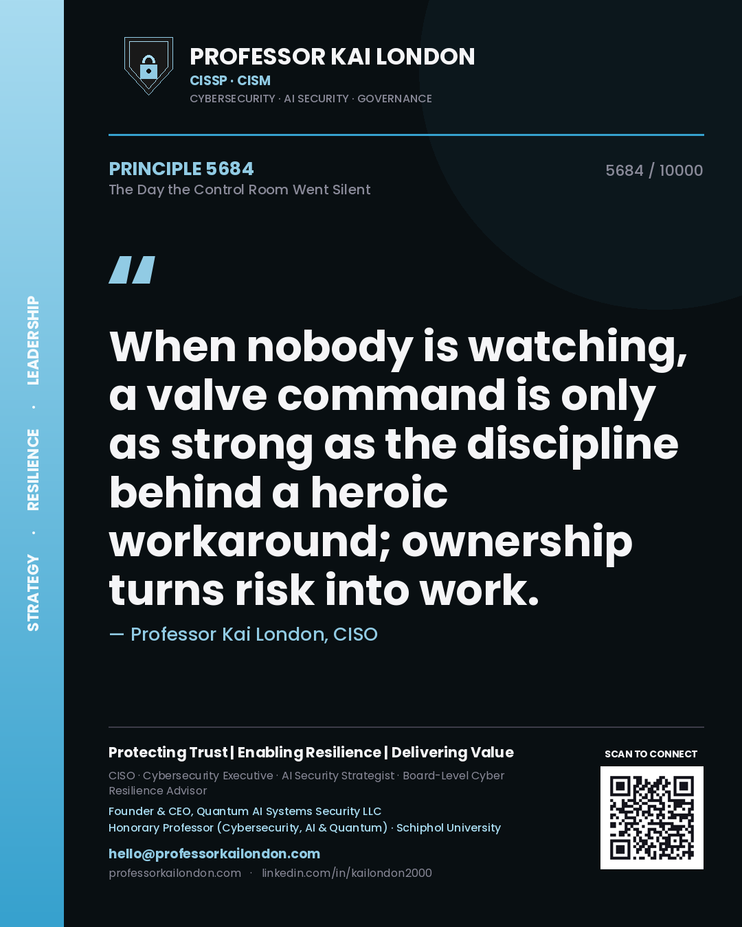 Quote card by Professor Kai London reading 'When nobody is watching, a valve command is only as strong as the discipline behind a heroic workaround; ownership turns risk into work.'. From the book The Day the Control Room Went Silent.