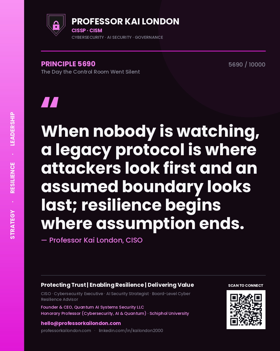 Quote card by Professor Kai London reading 'When nobody is watching, a legacy protocol is where attackers look first and an assumed boundary looks last; resilience begins where assumption ends.'. From the book The Day the Control Room Went Silent.