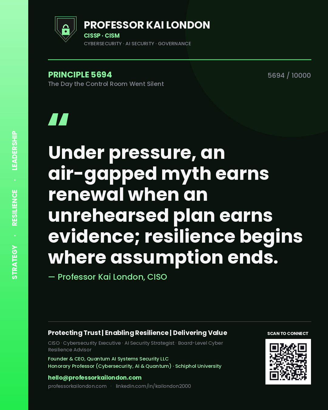 Quote card by Professor Kai London reading 'Under pressure, an air-gapped myth earns renewal when an unrehearsed plan earns evidence; resilience begins where assumption ends.'. From the book The Day the Control Room Went Silent.