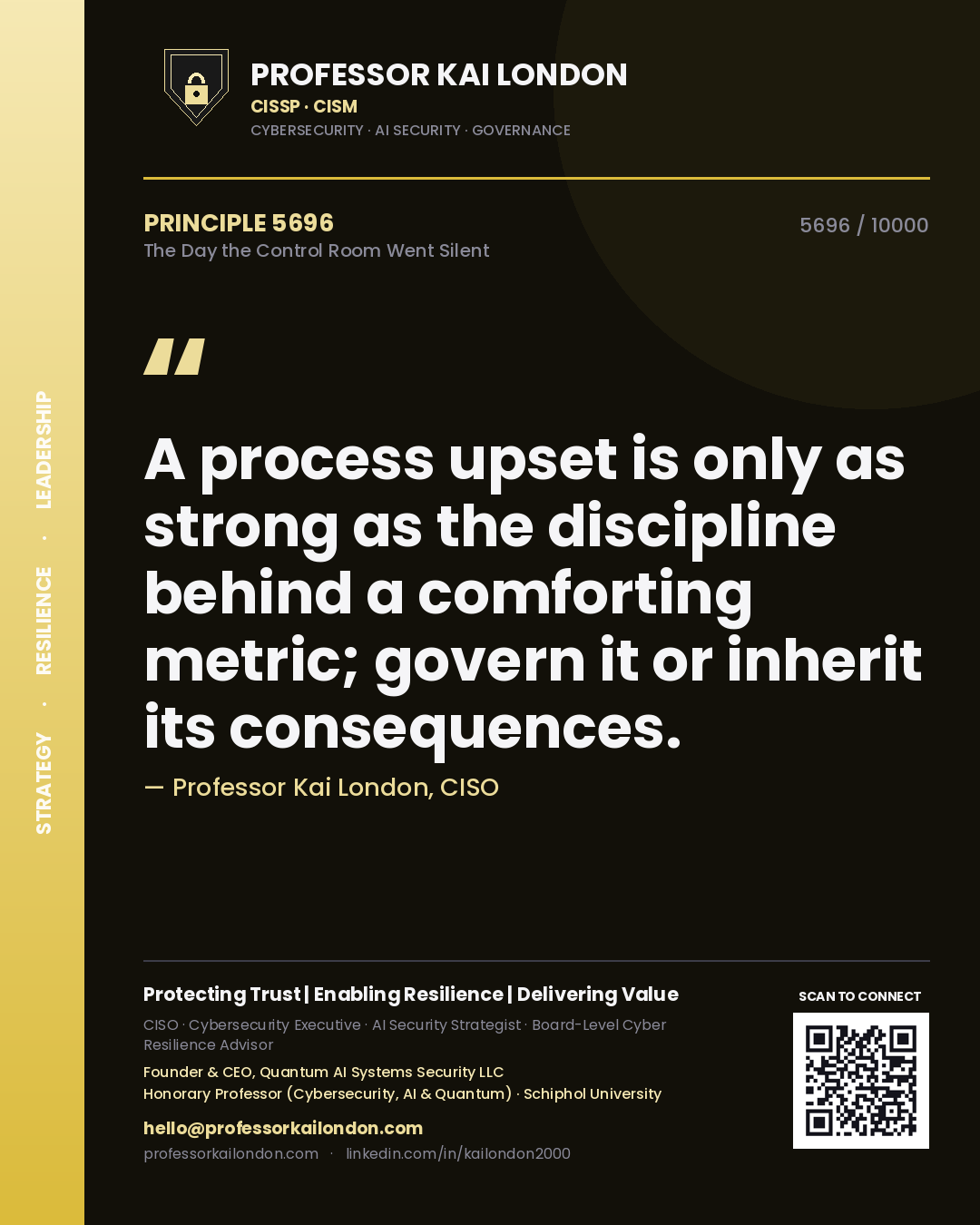 Quote card by Professor Kai London reading 'A process upset is only as strong as the discipline behind a comforting metric; govern it or inherit its consequences.'. From the book The Day the Control Room Went Silent.