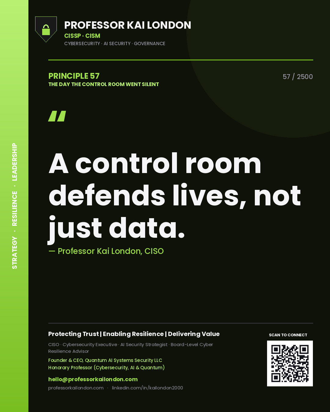 Quote card by Professor Kai London reading 'A control room defends lives, not just data.'. From the book The Day the Control Room Went Silent.