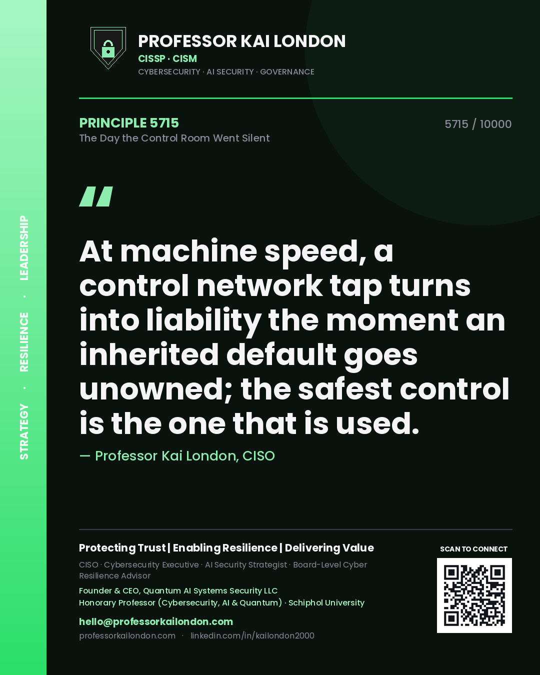 Professor Kai London principle 5715: At machine speed, a control network tap turns into liability the moment an inherited default goes unowned; the safest control is the one that is used.