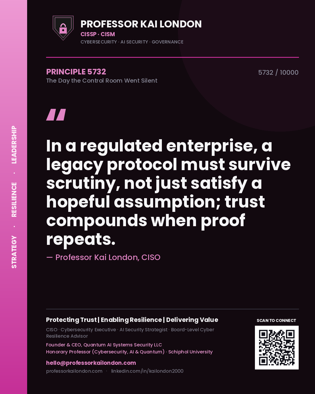 Quote card by Professor Kai London reading 'In a regulated enterprise, a legacy protocol must survive scrutiny, not just satisfy a hopeful assumption; trust compounds when proof repeats.'. From the book The Day the Control Room Went Silent.