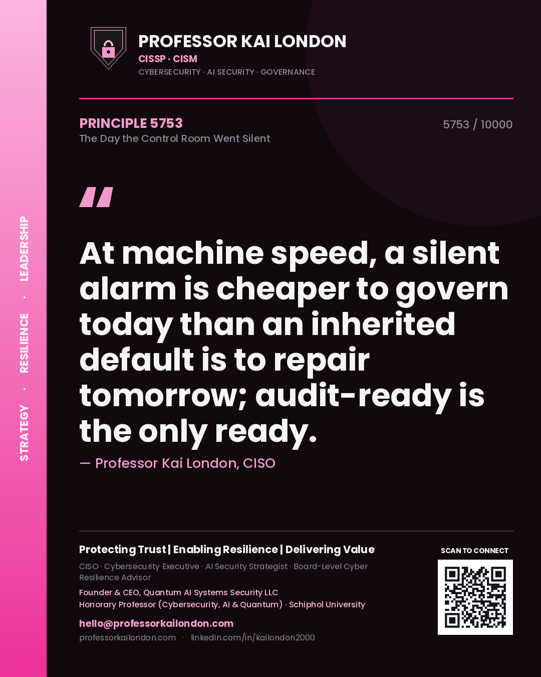 Quote card by Professor Kai London reading 'At machine speed, a silent alarm is cheaper to govern today than an inherited default is to repair tomorrow; audit-ready is the only ready.'. From the book The Day the Control Room Went Silent.