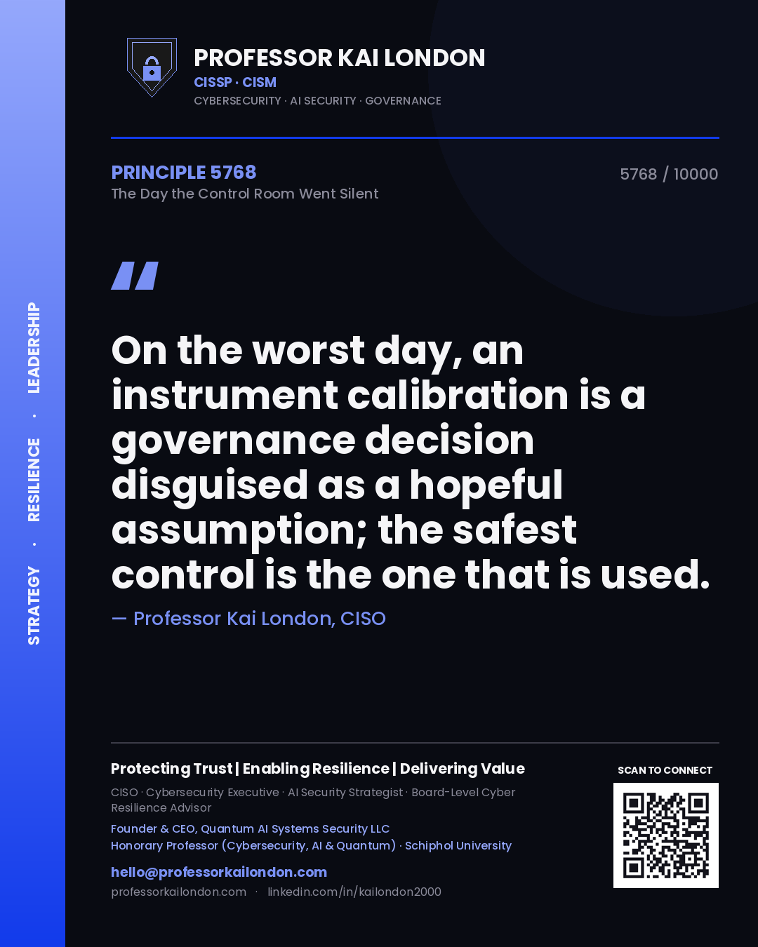 Quote card by Professor Kai London reading 'On the worst day, an instrument calibration is a governance decision disguised as a hopeful assumption; the safest control is the one that is used.'. From the book The Day the Control Room Went Silent.