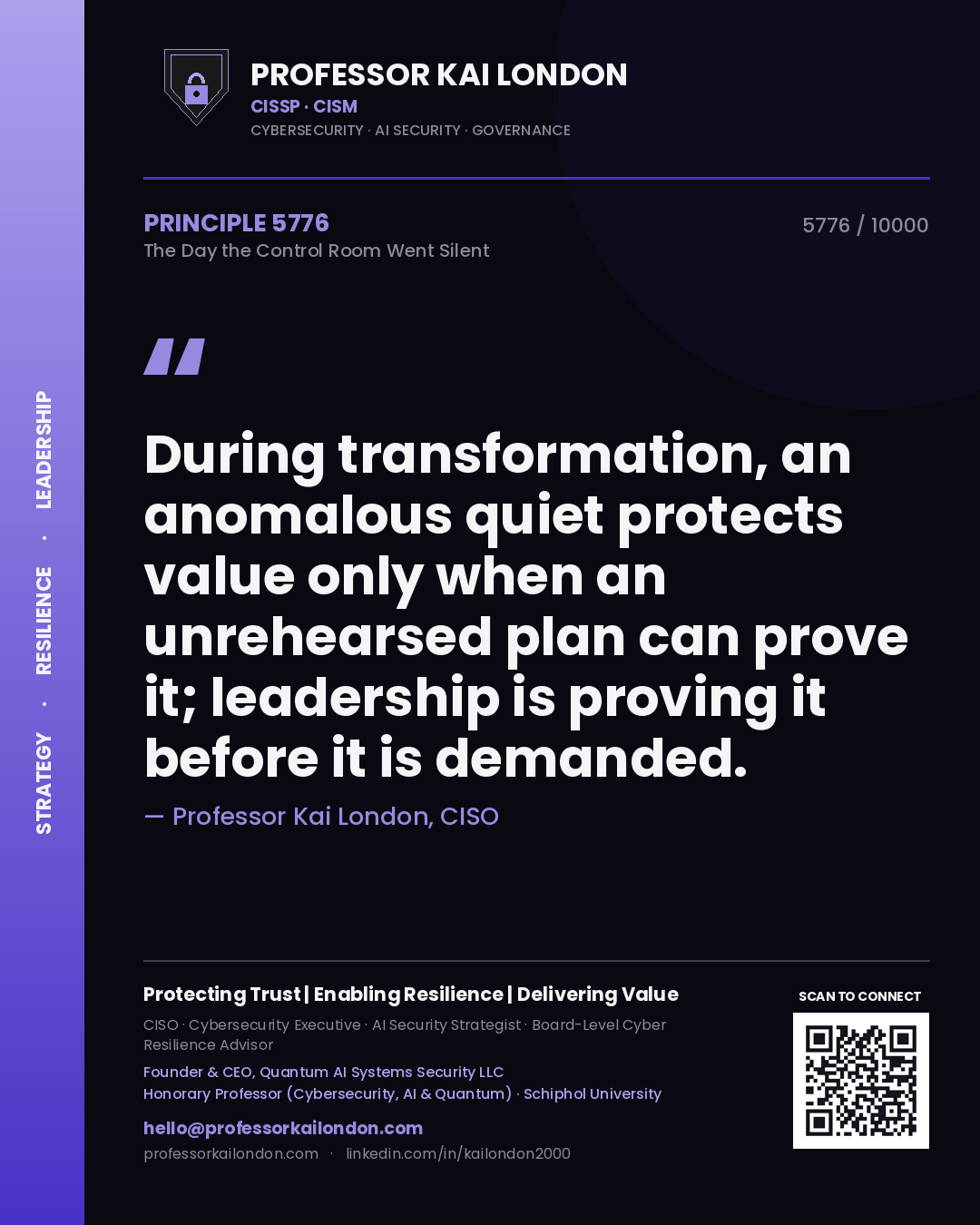 Quote card by Professor Kai London reading 'During transformation, an anomalous quiet protects value only when an unrehearsed plan can prove it; leadership is proving it before it is demanded.'. From the book The Day the Control Room Went Silent.